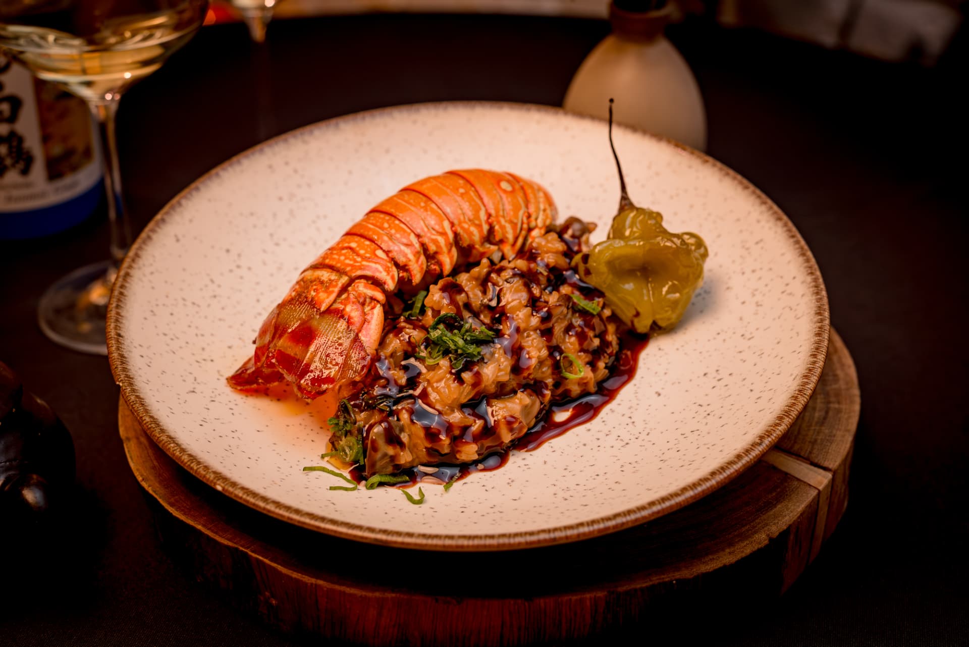 Cauda de lagosta com risoto oriental