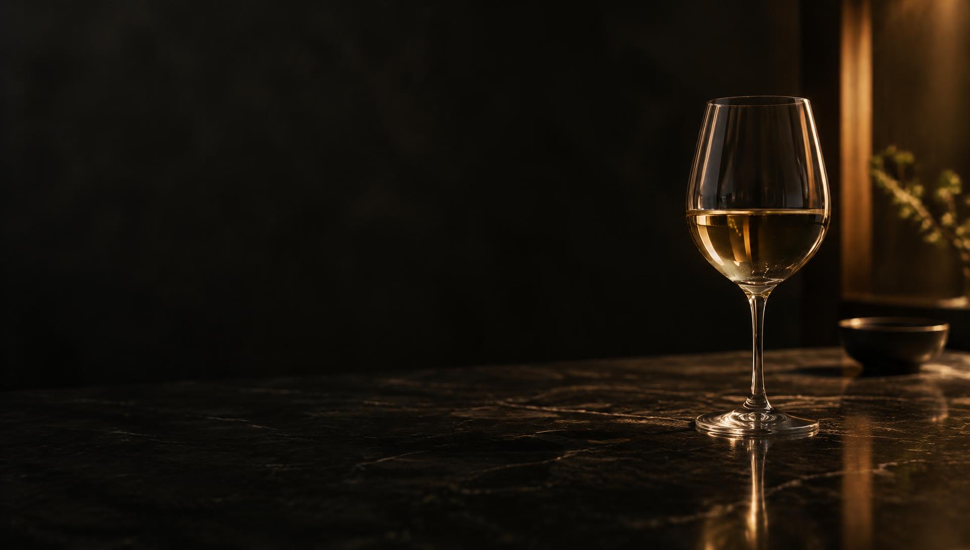 Taça de vinho branco sobre mesa escura sob luz lateral